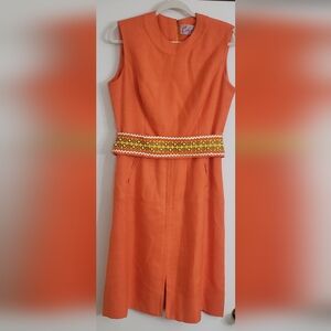 1960's Vintage Carlye Orange Sleeveless Midi Dress With Belt Mod Sheath Cot/lin